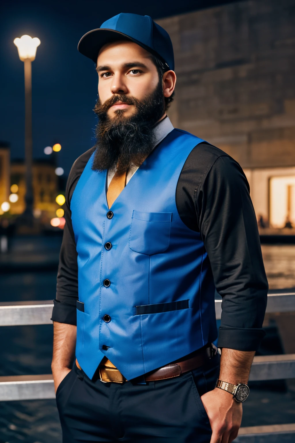 A man with a beard, thick black beard, full beard, thick beard, grizzled beard, neat beard, natural beard, groomed beard, bearded man, thick brown beard, shaved beard, trimmed beard, bushy beard, curly black beard, detailed beard, messy beard, big beard, badass beard, rugged beard, braided beard, police hat, police uniform, kevlar vest, long sleeves, blue hat, blue shirt uniform, dark blue / black pants, male, strong, powerful, standing in a city, golden watch on wrist, light stubble, detailed eyes