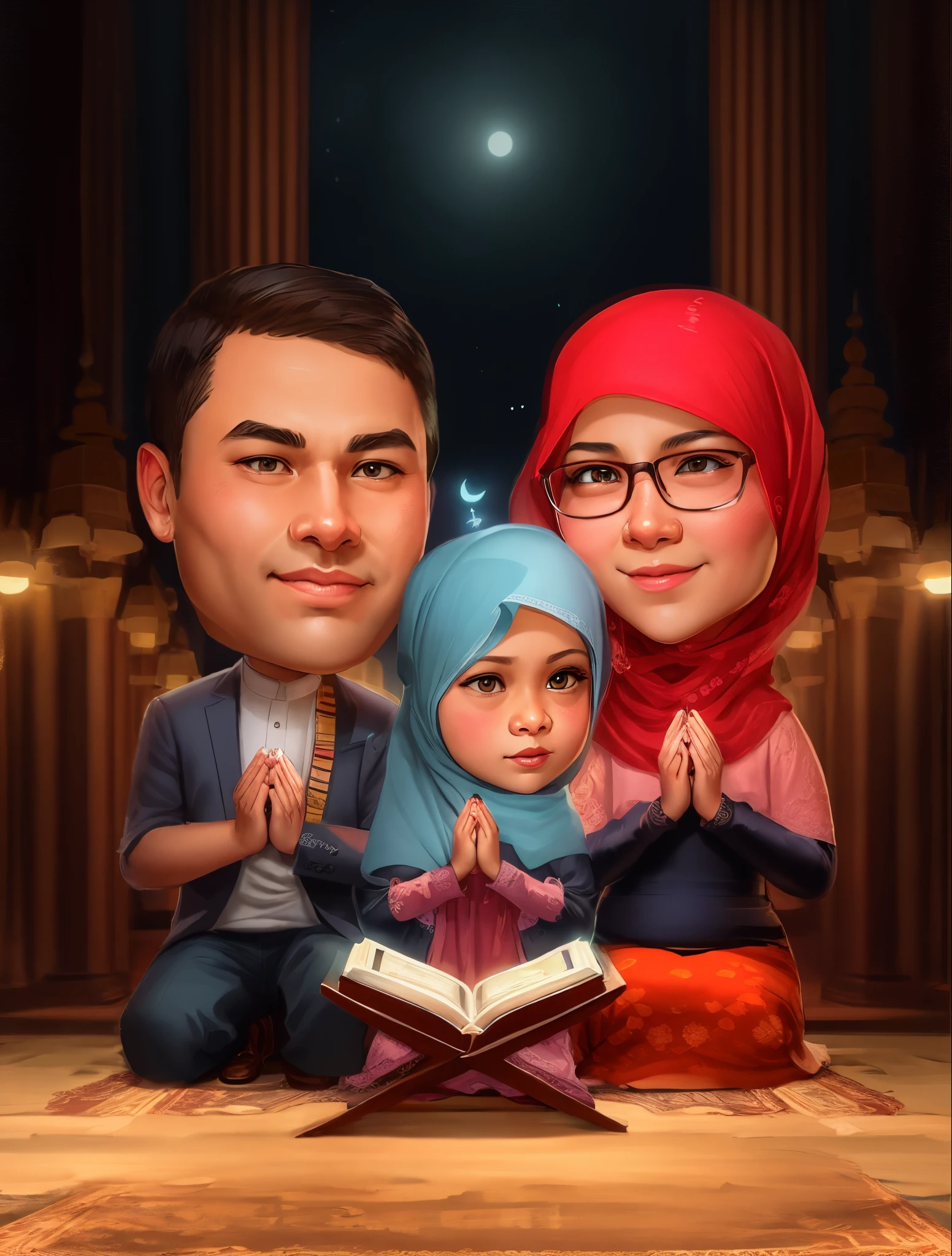 cartoon of a muslim family reading a Koran together, Background inside the mosque The beautiful one, The mosque lights above hang, Father's face is clean, caricature illustration, an indonesian family portrait, happy family, full protrait, family, potrait, cartoon digital painting, cartoon style illustration, caricature style, digital cartoon painting art, by Abidin Dino, portrait shot, illustartion, caricature, family portrait, children, 1 0 0 1 night, cartoon digital art