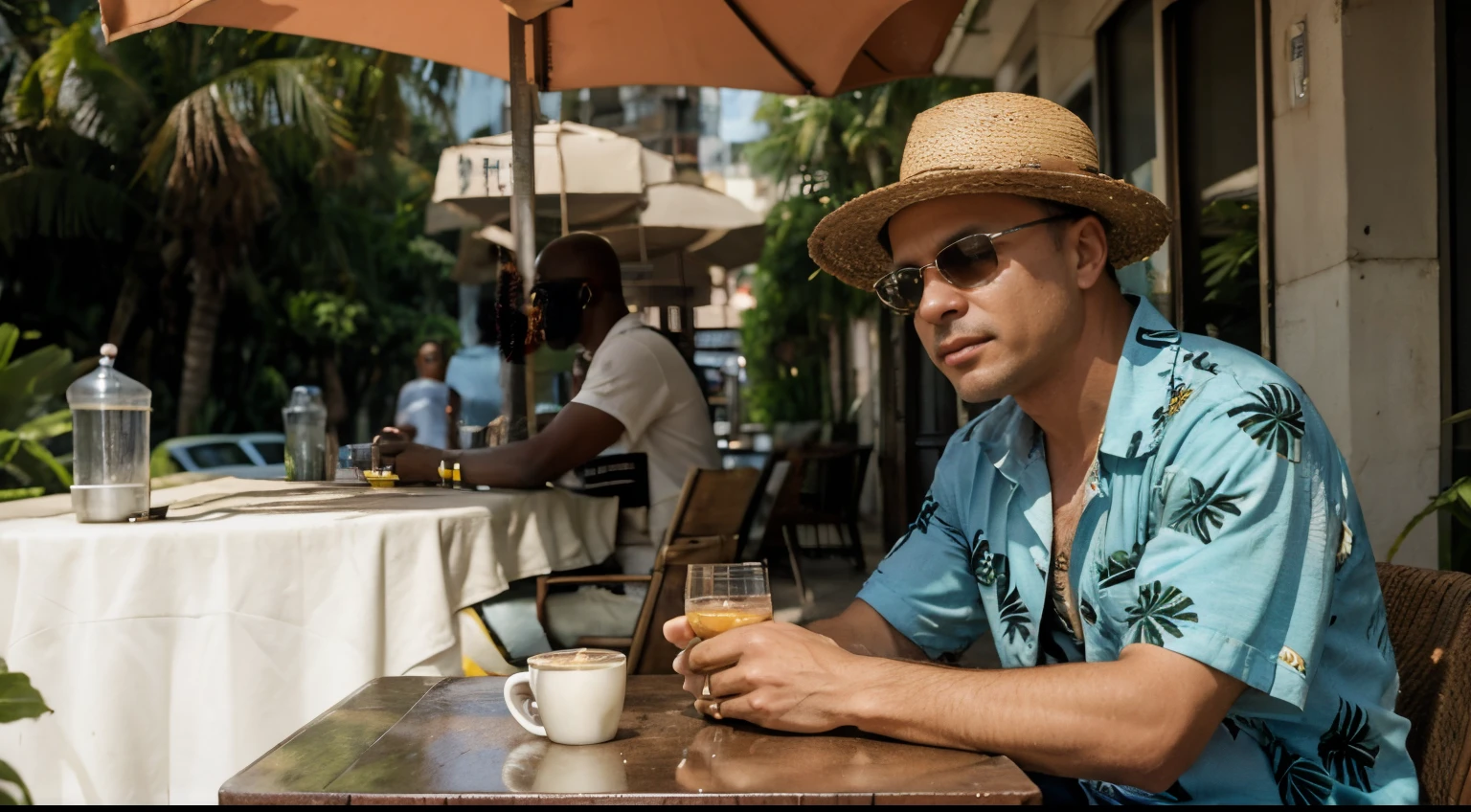 Joe Pantoliano as a young man in Congo, Joe Pantoliano in shorts and a Hawaiian shirt, on the street in a cafe at a table, cocktail in hand, He wears a straw hat on his head, Alien astronauts are sitting at tables nearby