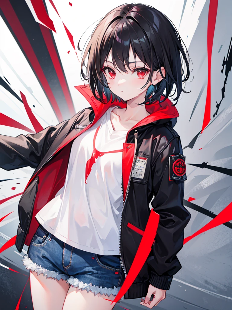 girl,short black hair, red eyes, white shirt with black jacket, denim short