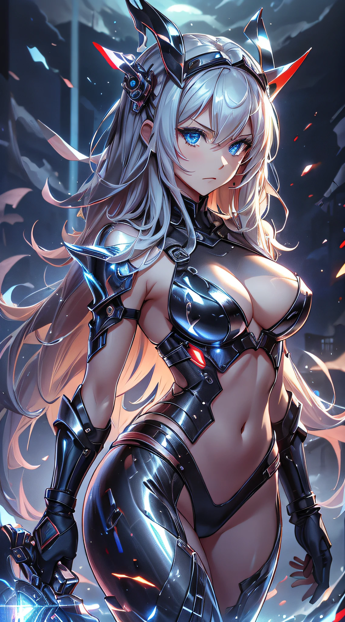 top-quality、Top image quality、​masterpiece、Teenage girl((black mechanic body、Shining red body line、Thorny armor、18year old、 Ager、Best Bust、big bast,Beautiful light blue eyes, Long Blonde Hair、A slender,Large valleys、Reflecting the whole body、black mechanic helmet、shiny black visor、Power cables are stretched all over the body、red mechanical tail)),hiquality、Beautiful Art、Background with((research complex、Mechanical Laboratory、bio research))​masterpiece、depth of fields,