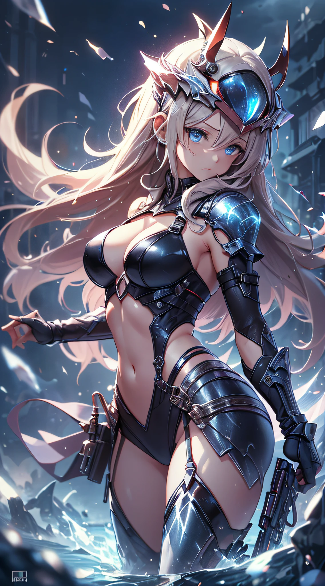 top-quality、Top image quality、masterpiece、age girl((black mechanic body、Shining red body line、Thorny armor、18year old、 Ager、Best Bust、big bast,Beautiful light blue eyes, Long Blonde Hair、A slender,Large valleys、Reflecting the whole body、black mechanic helmet、shiny black visor、Power cables are stretched all over the body、red mechanical tail)),hiquality、Beautiful Art、Background with((research complex、Mechanical Laboratory、bio research))masterpiece、depth of fields,