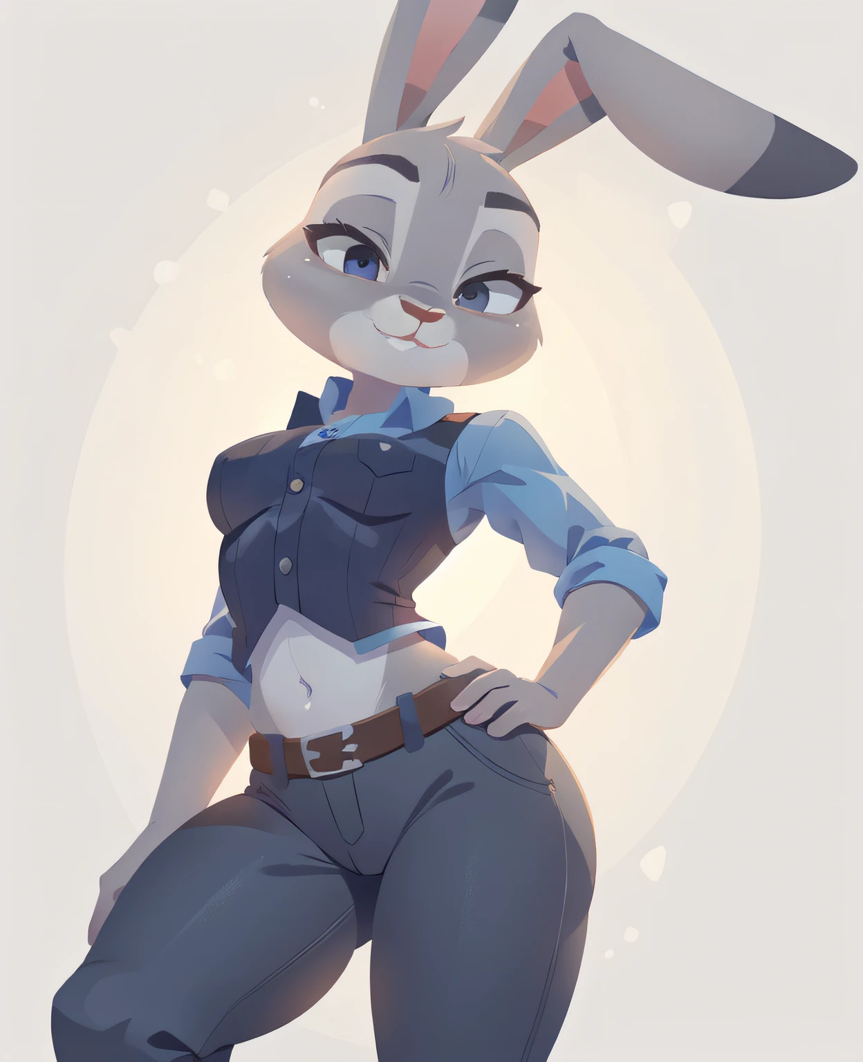 anthro, female, (judy hopps), rabbit, ears, zoom, (plain light grey background), eyelashes, sexy pose, (2d:0.9), 4k, 8k, detailed, high res, absurd res, [police uniform, blue shirt, black vest, belt, grey pants], mature, tall