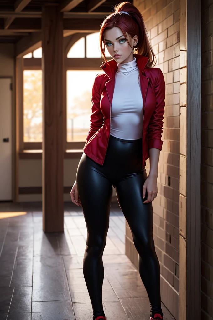 Redhead, high ponytail, ( glancing left), full lips, modelesque figure, emarald green eyes, full body, soft lighting, red jacket on black turtleneck, , one person photoshoot, expressionless, leggings