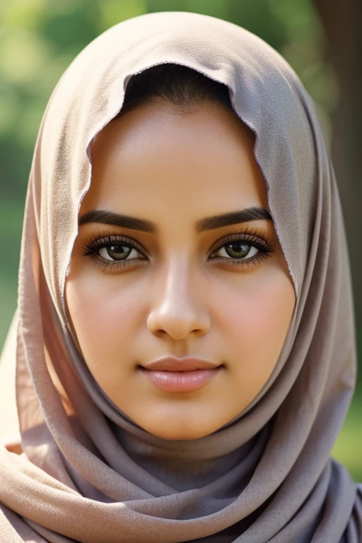 (best quality,realistic:1.2),woman,wearing simple hijab,park background,portraits,detailed eyes,detailed lips,soft colors,shallow depth of field,vibrant atmosphere,subtle lighting,captivating expression,fine details,focused gaze,feminine elegance,peaceful ambiance,natural surroundings,serene mood