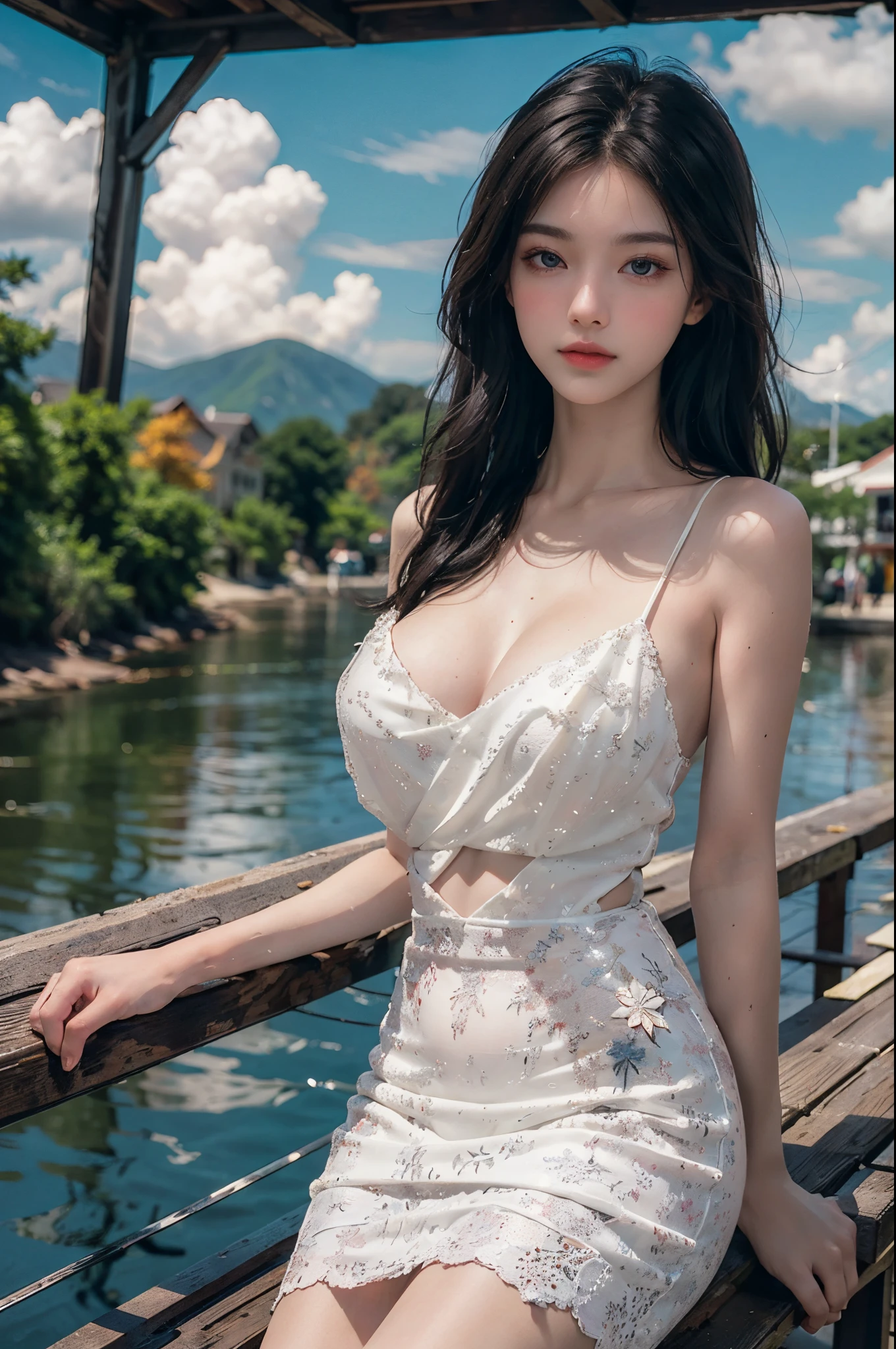 white dress, cleavage, large breasts, dark theme, red lips, mature female, makeup, Big eyes. Pretty eyes, ((Random shooting angles)), (best quality, masterpiece:1.2), ultra-detailed, (realistic:1.37), beautiful, youthful, glamorous model with (detailed eyes, detailed lips, extremely detailed eyes), with white and floral colors, showcasing a radiant smile, slender figure, long legs, creating a breathtaking depiction of a girl enjoying the sunshine, Outdoor sports, the beach, on the pier, Warm tones, extremely high color saturation, official art, extremely detailed CG unified 8k wallpaper,(High dynamic range :1.4), (cinematic),(soft colors, dull colors, soothing tones :1.3), (natural skin texture, ultra-realistic, soft light, sharp),(very detailed), Evening, autumn, autumn maple leaves, professional lighting, leaning against the guardrail, looking into the distance