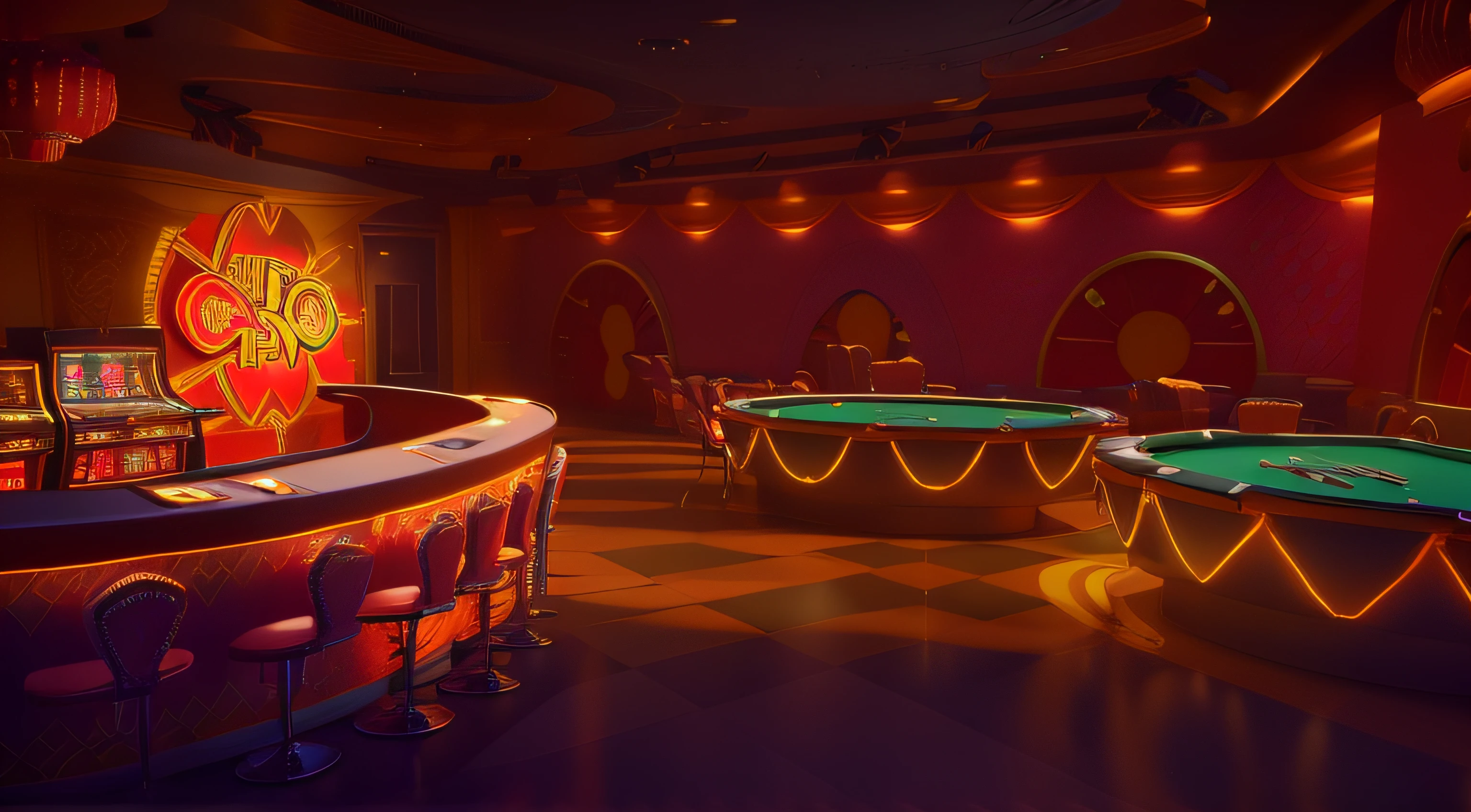 A bright room，Equipped with gambling table and game table, indoor casino, background artwork, 3D style scene, casino, inside a casino, Background with, arte de fundo, Casino of the future, game background, amusement park interior design, Game illustration, raytraced 3d set design, Stylized digital illustration, stylized 3d render, 3 d videogame render