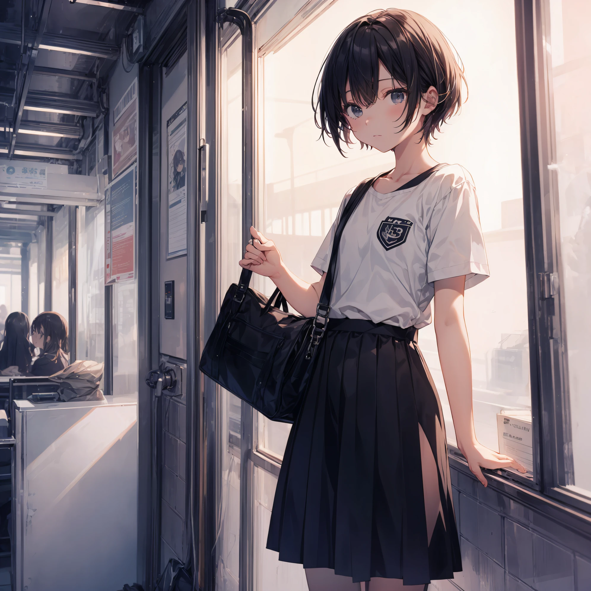 Super high quality by the art god, Ultra-detailed, High resolution, anime moe art style, Best Anime 8K Konachan Wallpapers, Pixiv Contest Winner, Perfect Anatomy, BREAK,(Draw a girl sleepily walking to school. ),BREAK, 1girl in, (Solo,Lori,child,13years:1.3),Full limbs, complete fingers,a junior high school student, Androgynous attraction, (Very short hair), Sleeping hair, hair messy, flat chest, Small butt, groin, Small eyes,Beautiful detailed black eyes, Well-proportioned iris and pupils, disgusted eye, High resolution detailed hair, School uniform, Skirt, On the way to school. BREAK,super detailed skin, Best lighting by famous artists, 8K, Illustration,