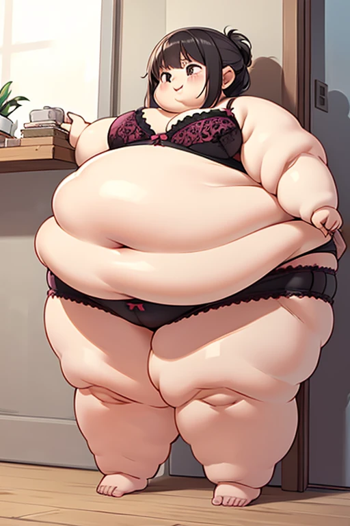 1girl, (bra & panties:1.2), chubby, (fat face:1.2), (double chin:1.1), big belly, wide hips, big butt, (child:1.7), (baby, child:1.0)