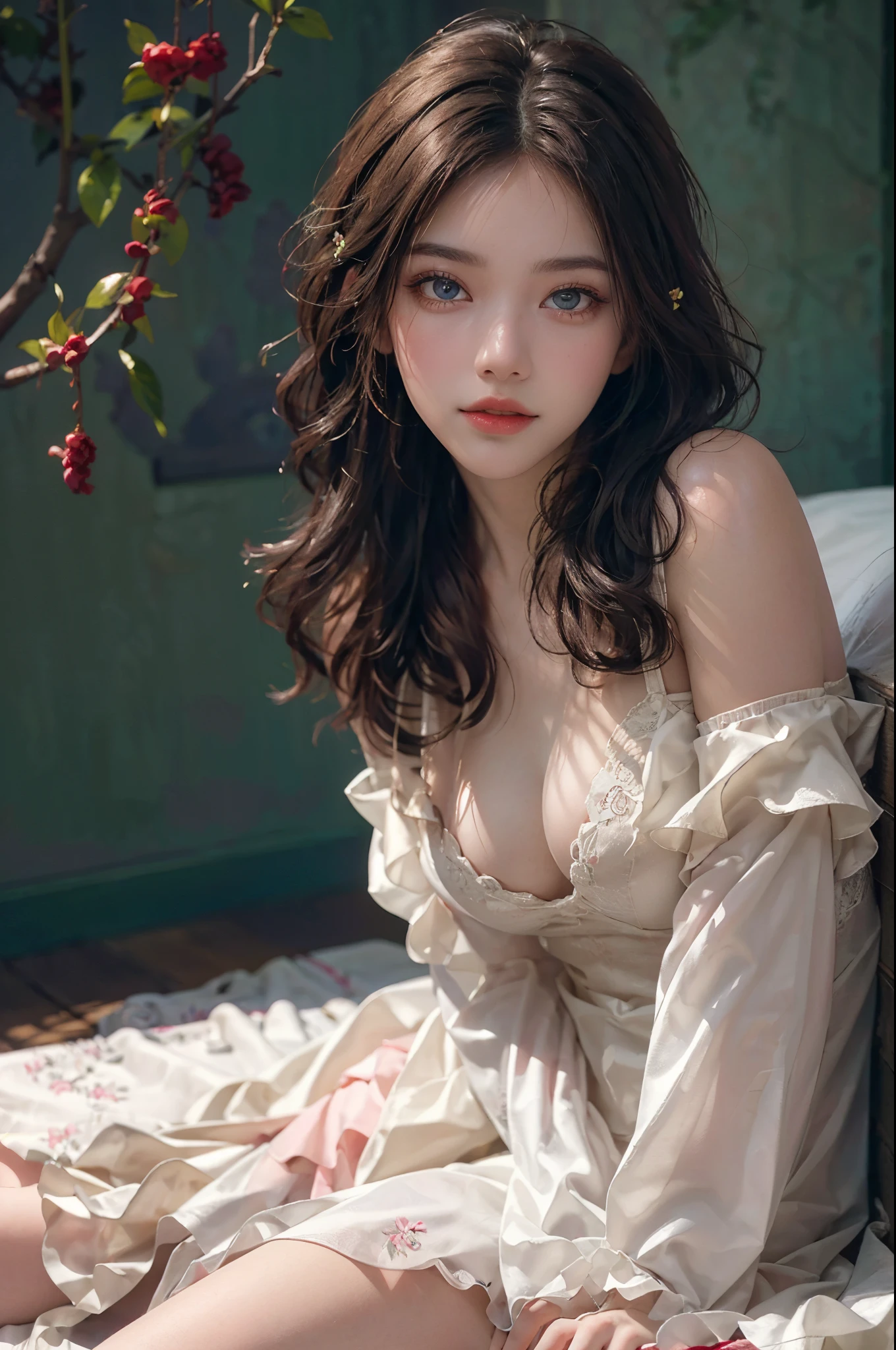 Romantic Rosette dress2, dark theme, red lips, mature female, makeup, Big eyes. Pretty eyes, ((Random shooting angles)), (best quality, masterpiece:1.2), ultra-detailed, (realistic:1.37), beautiful, youthful, glamorous model with (detailed eyes, detailed lips, extremely detailed eyes), with white and floral colors, showcasing a radiant smile, slender figure, long legs, creating a breathtaking depiction of a girl, Warm tones, extremely high color saturation, official art, extremely detailed CG unified 8k wallpaper,(High dynamic range :1.4), (cinematic),(soft colors, dull colors, soothing tones :1.3), (natural skin texture, ultra-realistic, soft light, sharp),(very detailed), Pose for a picture lying in bed, elegant pose, attractive pose