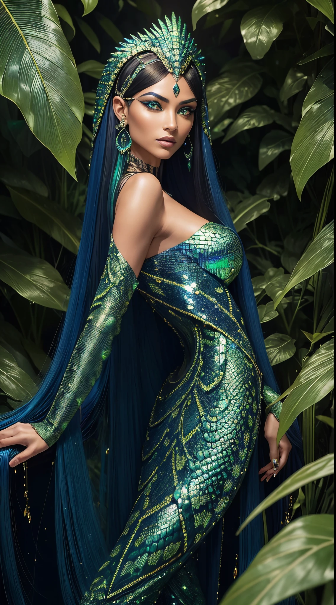 A (((reptilian humanoid female))) with radiant, shimmering scales that span a spectrum of (((iridescent greens and blues))), Her form is elegantly patterned and marked, reflecting nature's vivid beauty, Her eyes glint with a hypnotic amber glow, surrounded by long, dark fringe, Her nose is slender and pointed, her lips full and luxurious, the color of ripened cherries, Her ears are elongated and studded with glittering jewels, like polished gems, Her countenance is both seductive and enigmatic, with high cheekbones and a gracefully pointed chin, Her flowing mane of serpentine scales falls in a dazzling waterfall down her back, contrasting with the ethereal glow of her facial features