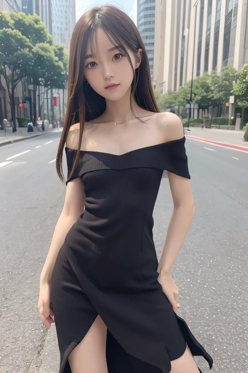 masutepiece、masterpiece、top-quality、ultra-detailliert、hight resolution、hight resolution、8K Portrait、Unity 8k Wallpapers、extremely details CG、Unity 8k壁纸、Highly detailed CG Unity 8k wallpaper、逼真、Portrait photos、shinny skin、high-detail、Ultra-fine depiction、(sixteen years old)、big breasts thin waist、Thin leg、skinny body、(flat chest:1.8)、(女の子1人)、(Off-shoulder knitted dresses)、a park、birdseye view