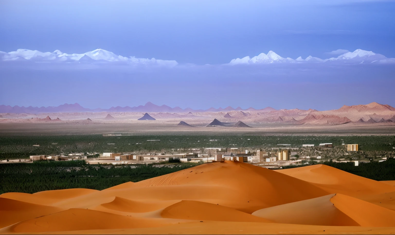 Desert landscape and city in the distance, Cinematic Silk Road Scenery, most perfect desert on the world, city in desert, Desert and city in skyline, sahara desert, A desert!!!!!!!!!!!, sand dune, Shanshan, China, harmony of desert, deserts and mountains, A desert!!!, oasis in the desert, sand dune, A desert