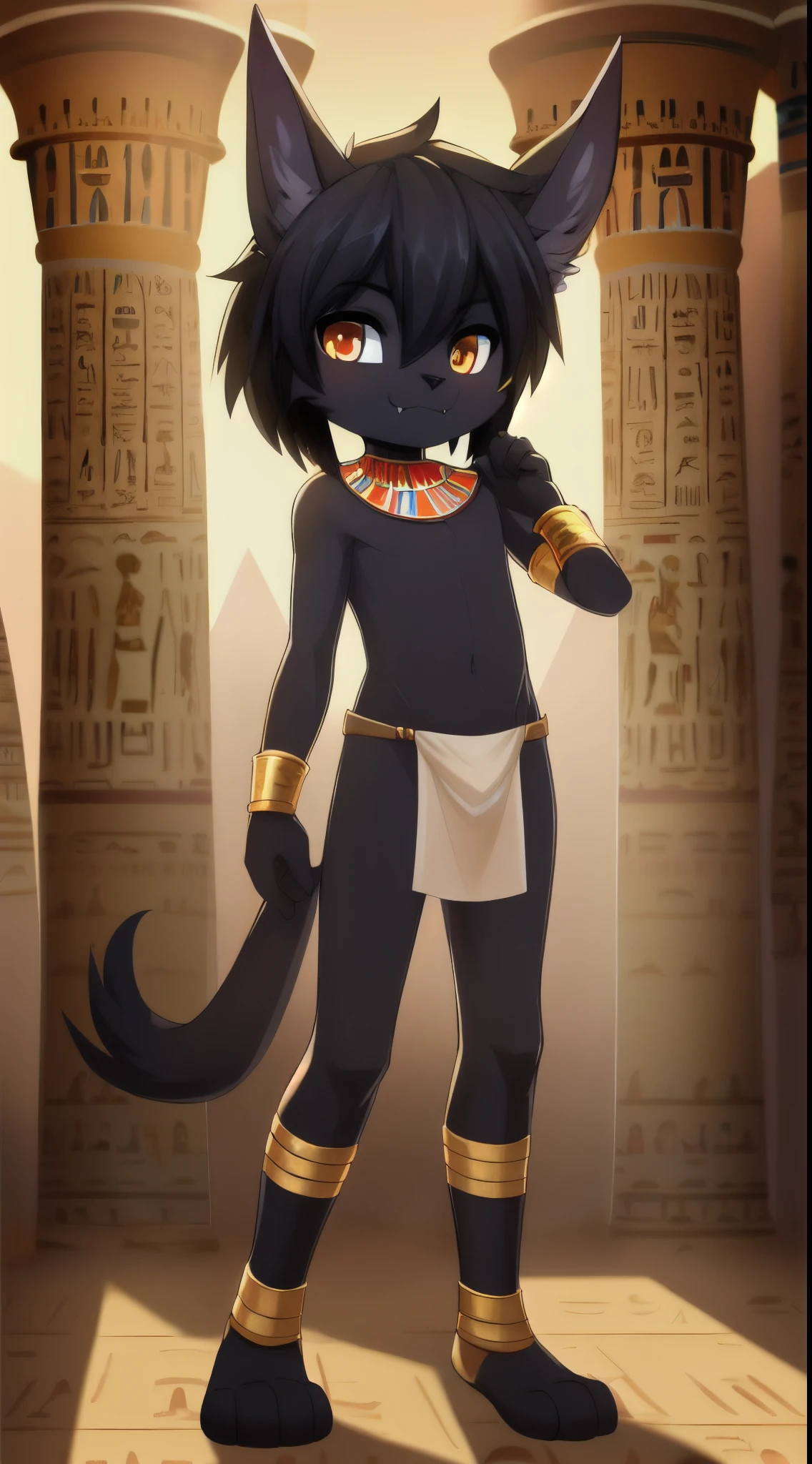 Furry shota, young, jackal, black hair, spiky hairstyle, orange eyes, detailed body fur, ((egyptian bracelets, small loincloth)), masterpiece, looking at you, fangs, black body fur, detailed face, big eyebrows, detailed eyes, detailed body, desert, clear sky, detailed hands, flat body, glistering body, shiny body, skinny, high quality, feets whit three toes, full body, sassy face, :3, perfect lighting, perfect shadows, perfect eyes, perfect hair, perfect face, gorgeous body, perfect lighting, perfect shadows, perfect eyes, perfect hair, perfect face, gorgeous body, standing,