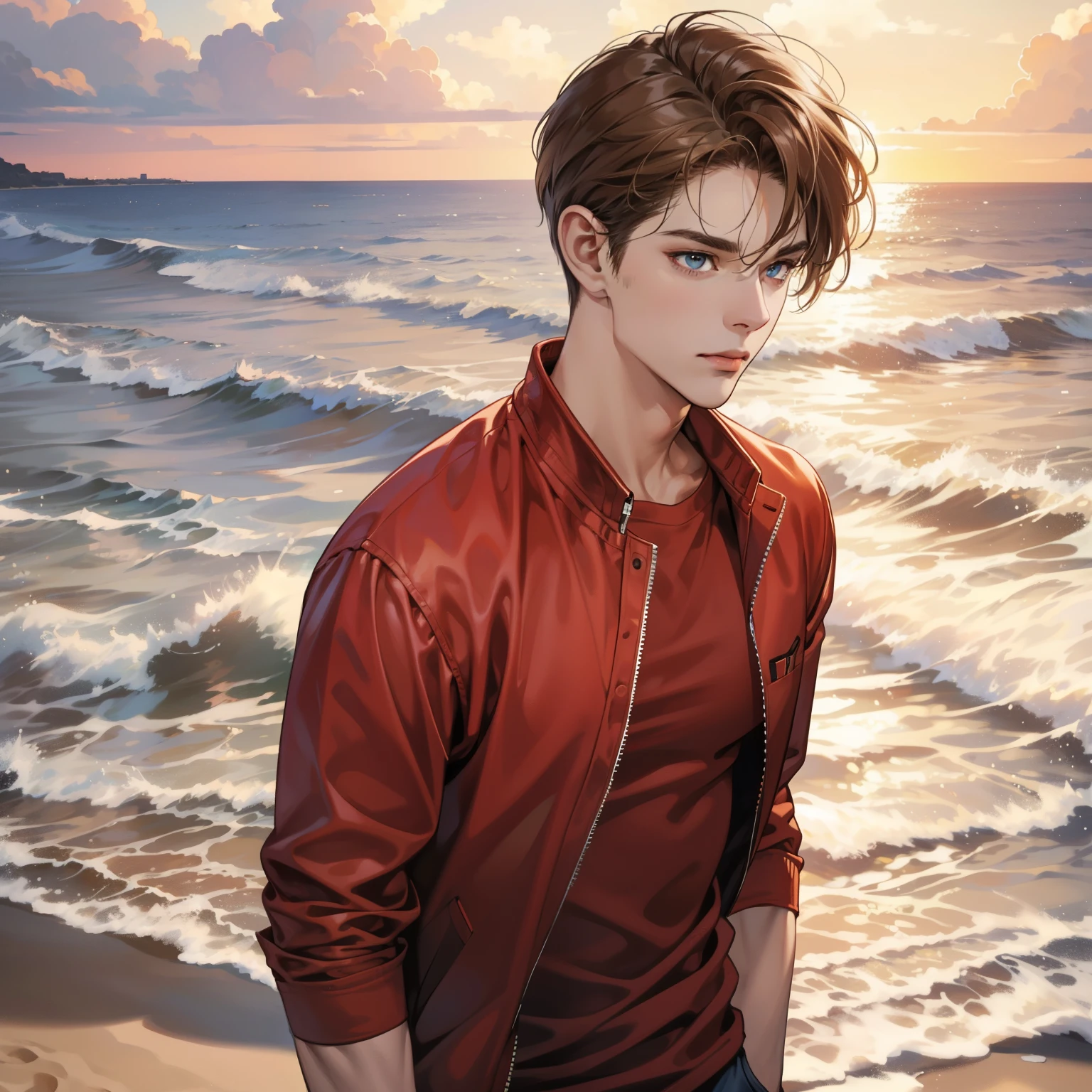 Masterpiece, high quality, best quality, HD, realistic, perfect lighting, detailed body, 1 man, perfect eyes, Light Brown hair, glowing, Red Tshirt Jacket, Beach background.