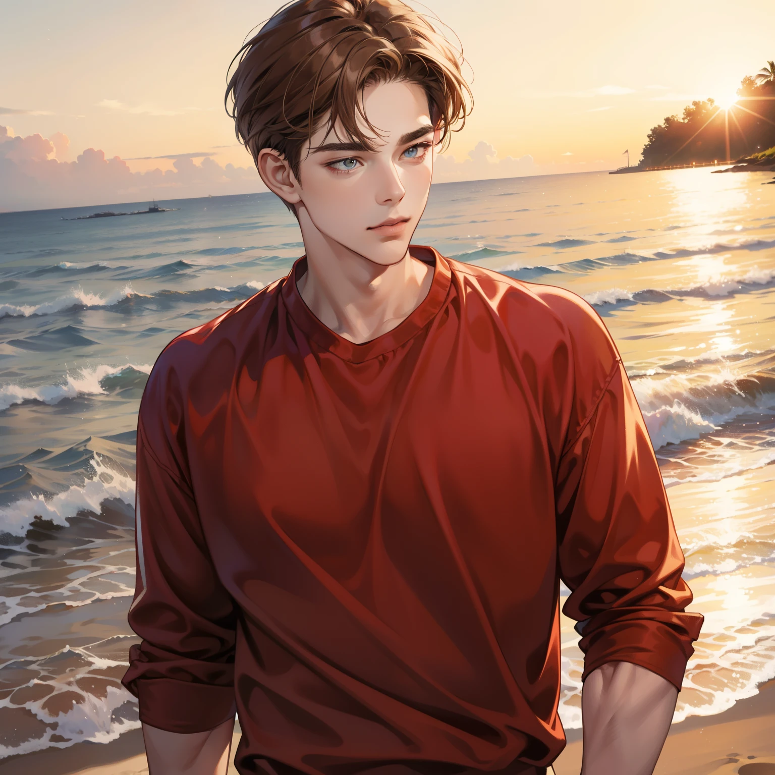 Masterpiece, high quality, best quality, HD, realistic, perfect lighting, detailed body, 1 man, perfect eyes, Light Brown hair, glowing, Red Tshirt Jacket, Beach background.