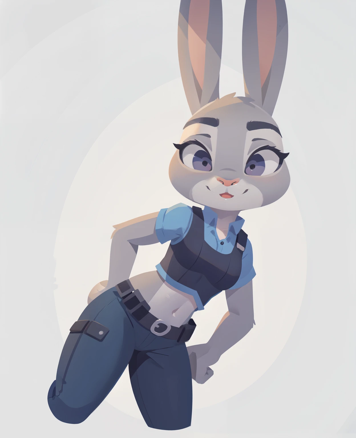 anthro, female, (judy hopps), rabbit, ears, zoom, (plain light grey background), eyelashes, sexy pose, (2d:0.9), 4k, 8k, detailed, high res, absurd res, [police uniform, blue shirt, black vest, black utility belt, grey pants], tall, mature