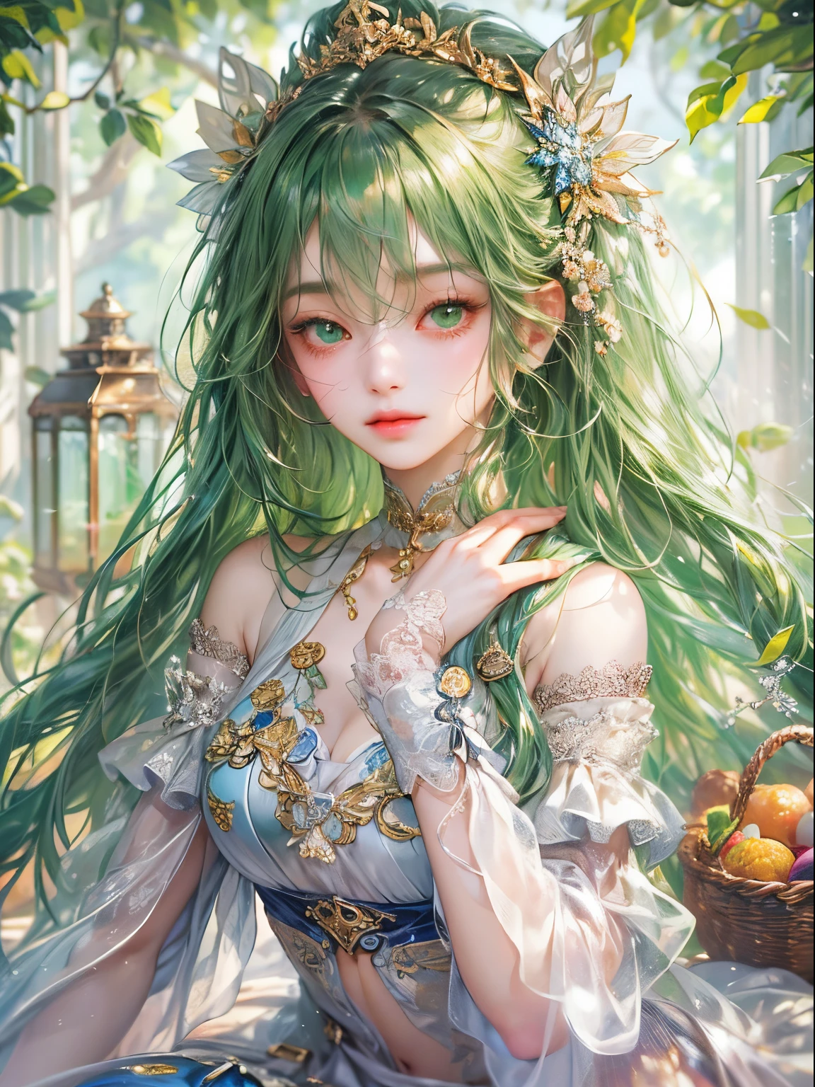 (absurd res, A high resolution, ultra - detailed, HighDynamicRange), tmasterpiece, Best quality at best, A ((Become the protagonist, 详细的脸, Beautiful face and decorative detaillack long straight hair) (green-eyed), green color details , Lying on a white picnic mat with curtains in the Tiangong Garden, Detailed characters, The detailed world of the goddess, laplace, fanciful, rays of sunshine, detailedlight, detailed shadow, detailed back ground，Dissection is correct，（anatomically correct）