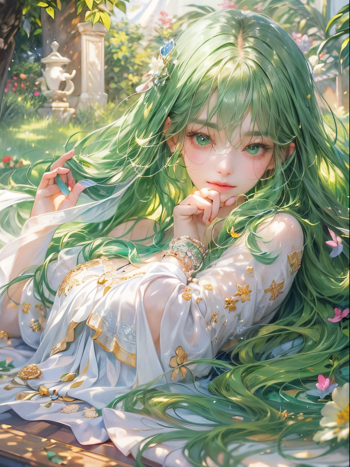 (absurd res, A high resolution, ultra - detailed, HighDynamicRange), tmasterpiece, Best quality at best, A ((Become the protagonist, 详细的脸, Beautiful face and decorative detaillack long straight hair) (green-eyed), green color details , Lying on a white picnic mat with curtains in the Tiangong Garden, Detailed characters, The detailed world of the goddess, laplace, fanciful, rays of sunshine, detailedlight, detailed shadow, detailed back ground