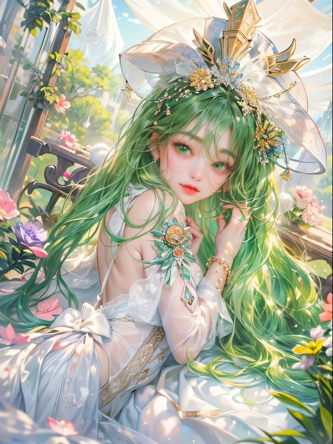 RAW, (masterpiece, best quality, photorealistic, absurdres, 8k:1.2), nsfw, best lighting, complex pupils, detailed background, evening, theater,
1girl, solo, upper body, (close up, face focus:1.2), looking away, cowboy shot, standing, sorry, shiny skin, eyeliner, gothic eyeshadow, blush, flower, medium hair, curly hair, green hair, highly detailed skin,
sheer blouse, hair flower, chocker, see-through,
