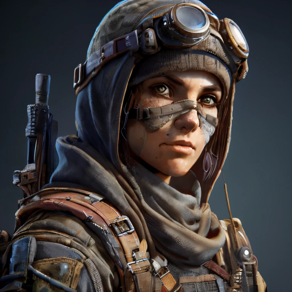 French-German image of a woman wearing a gas mask and goggles, Unreal 5. RPG portrait, heroines, A female character, postapocalyptic explorer, portrait of a female ranger, unreal engine character art, Post-apocalyptic scavenger, ultra detailed game art, Looking proud, small person. Unreal Engine5, infantry girls, highly detailed character, highlydetailed skin
