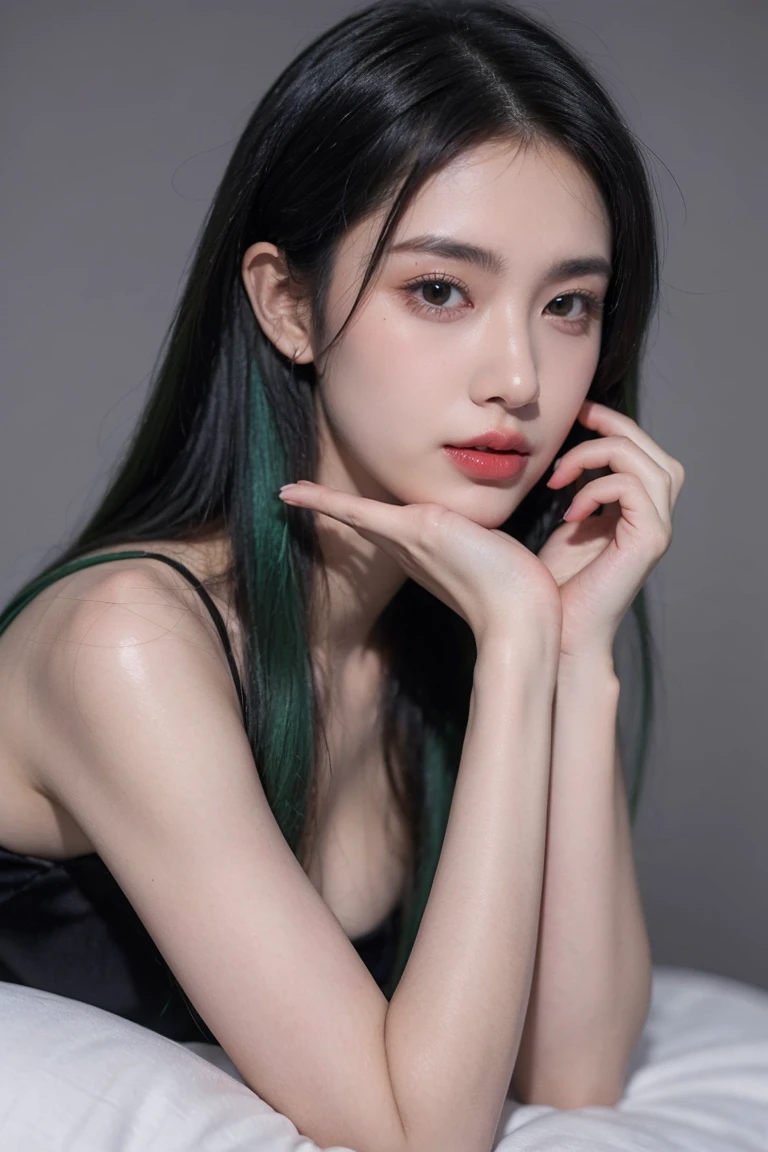 21-year-old girl, Green hair, fundo vermelho,