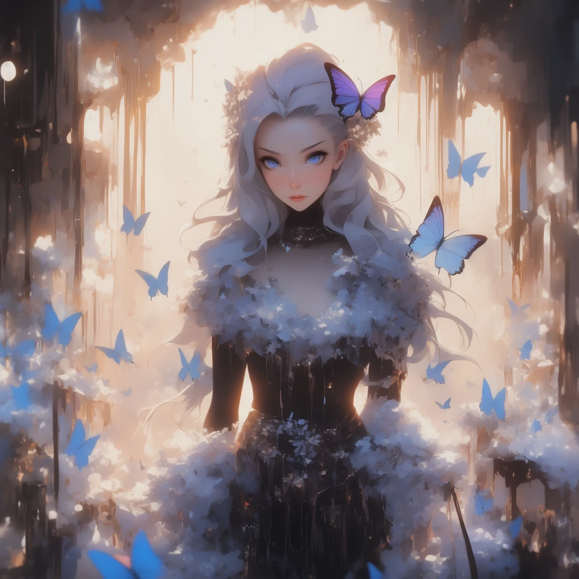 a beauty fairy girl,with wing and butterfly,(Ultra Details) ,full body,Vibrant colors, softfocus, light  leaks, dreamy ambiance, experimental charm, nostalgic appeal BREAK color field painting, Large spread of colors, abstract expressionism, bold hues, emotional impact, atmospheric depth, Minimalist approach break,  , diverse, colourfull, long, Colorful hair 🌈, Dark clothes, white stardust in dark areas, Absurde, hight resolution, ultra-detailliert, (1girl in : 1.3), Vibrant colors, softfocus, light  leaks, dreamy ambiance,