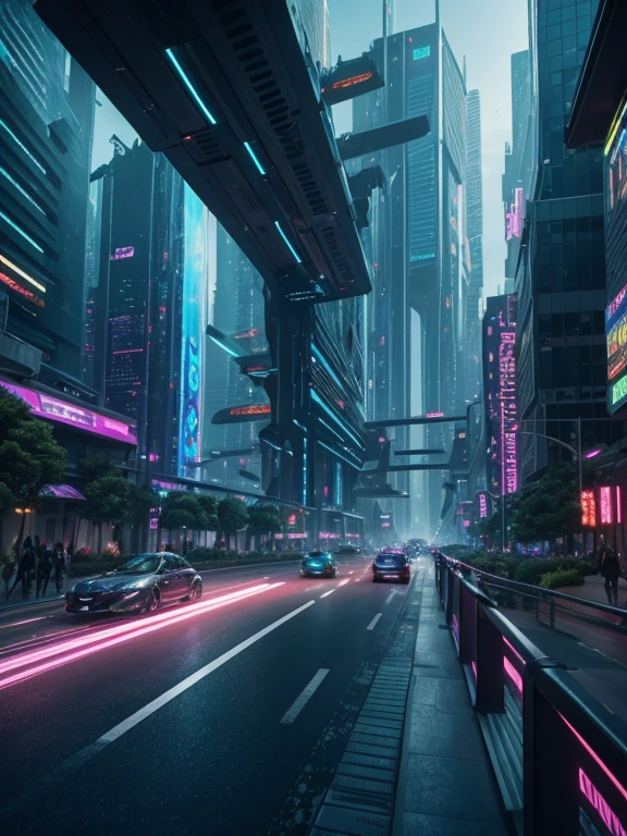 high-tech futuristic cityscape, seamless integration of technology and nature, towering skyscrapers juxtaposed against lush greenery, advanced transportation system, flying vehicles zooming through the air, holographic displays showcasing data and information, futuristic architecture with sleek and metallic elements, glowing neon lights illuminating the streets, advanced robotics and artificial intelligence, humans and androids coexisting harmoniously, bustling streets with people wearing high-tech fashion, eco-friendly buildings with living walls and solar panels, floating gardens and parks in mid-air, energy-efficient and sustainable infrastructure, vibrant colors and dynamic visuals, immersive augmented reality experiences, clean and pollution-free environment, cutting-edge energy sources powering the city, a sense of wonder and excitement, a vision of a technologically advanced future. (best quality, HDR, ultra-detailed), cyberpunk aesthetics, vibrant color palette, futuristic lighting, dynamic compositions.