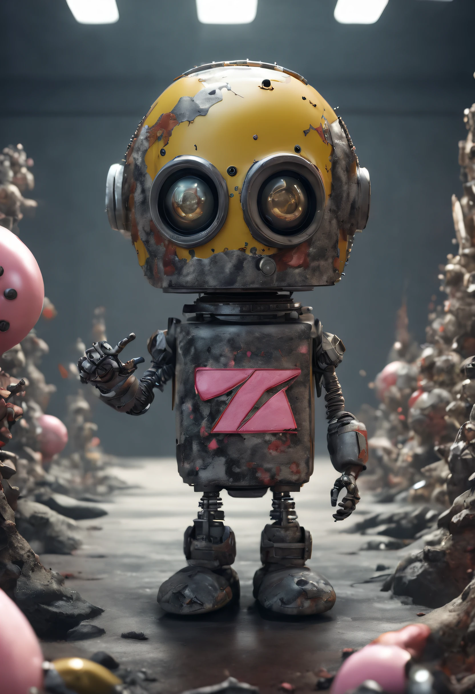 Un dibujo animado moderno Loco con un GRANDE, a naked robot with one eye and a Soviet CCCP tattoo, y casco Estilo, Pinzas en las manos, Cabeza de TV, cabeza de alfiler, camuflaje Oro Plata Rosa Oxidado, Atmosphere in the crater of a super-detailed meteorite, centro, Beautiful, Soft lighting, Centrado en el personaje, 4k-resolution, Photorealistic rendering,