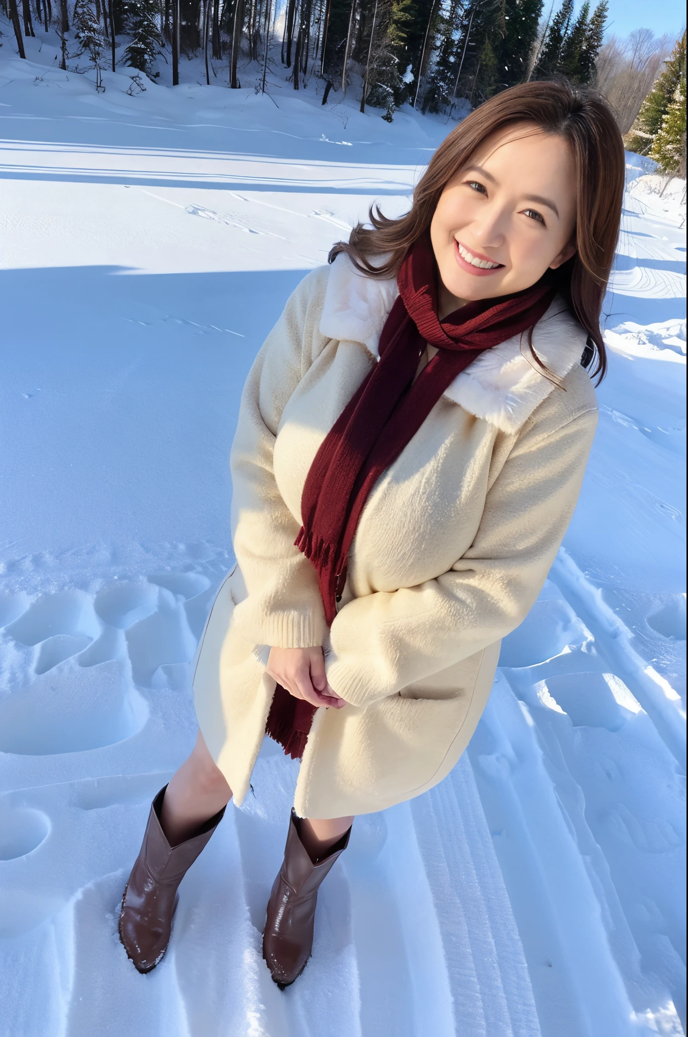 Mature and attractive woman、bbw、large boob、a miniskirt、long court、long boots、A smile、snow field、masterpiece、top-quality
