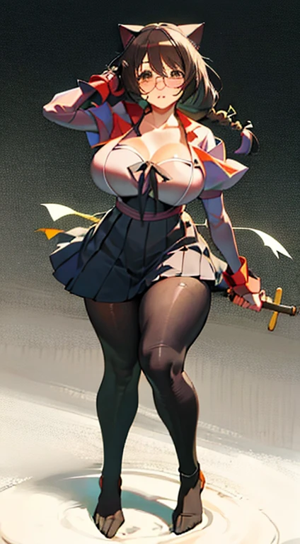 Stema Peace、hanekawa tsubasa、attack of glasses、A dark-haired、large boob、 (Black hair, Brown eyes, Round face),With ribbon, (nose blush, half opened eye),, [Full body shot]、eye glass、Head-to-toe shots、A dark-haired、Kunoichi&#39;My clothes are torn、Holding a dagger in each hand、