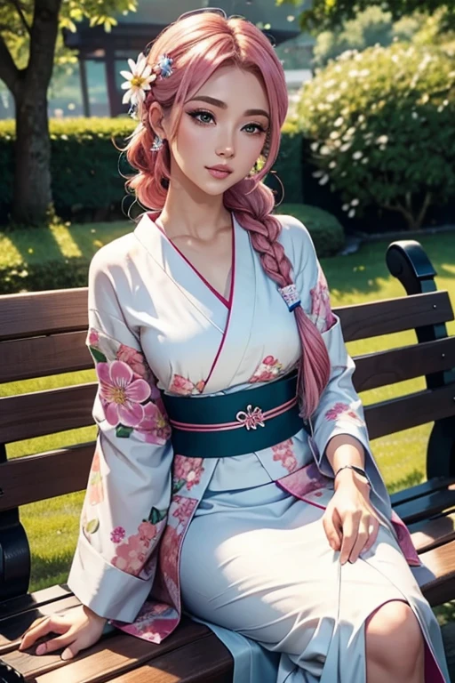 Single European woman in a Japanese garden, sit on a bench, cute kimono with flower patterns, tanned skin, pink hair , long hair, braided hair, glossy lips, Eye shadow , natural make-up, , green eyes, deep Cliveage, perfect hand, perfect arms, perfect body, Second Life Avatar, Beautiful screenshot, Second Life, high quality, very detailed skin