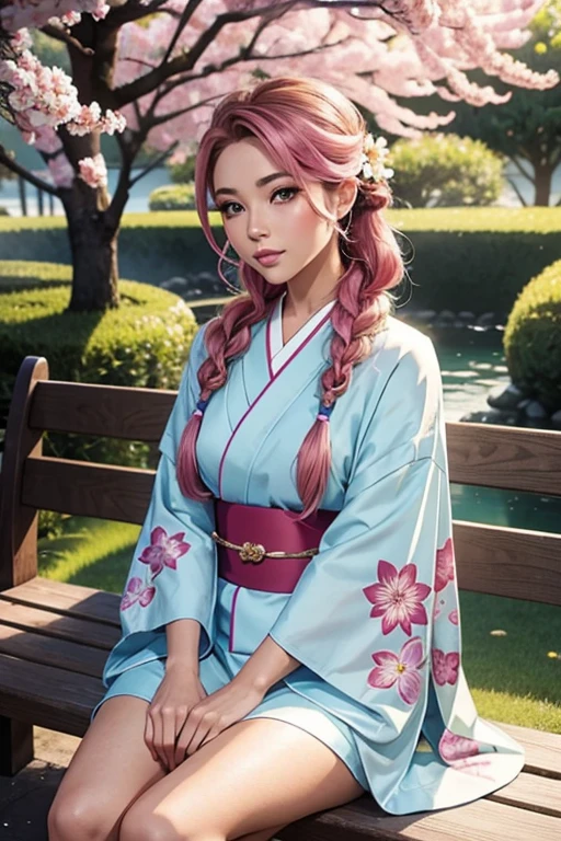 Single European woman in a Japanese garden, sit on a bench, cute kimono with flower patterns, tanned skin, pink hair , long hair, braided hair, glossy lips, Eye shadow , natural make-up, , green eyes, deep Cliveage, perfect hand, perfect arms, perfect body, Second Life Avatar, Beautiful screenshot, Second Life, high quality, very detailed skin