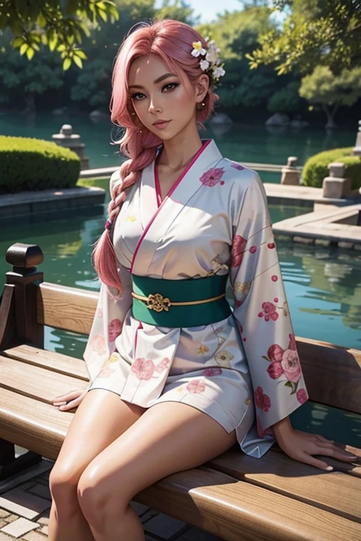 Single European woman in a Japanese garden, sit on a bench, cute kimono with flower patterns, tanned skin, pink hair , long hair, braided hair, glossy lips, Eye shadow , natural make-up, , green eyes, deep Cliveage, perfect hand, perfect arms, perfect body, Second Life Avatar, Beautiful screenshot, Second Life, high quality, very detailed skin