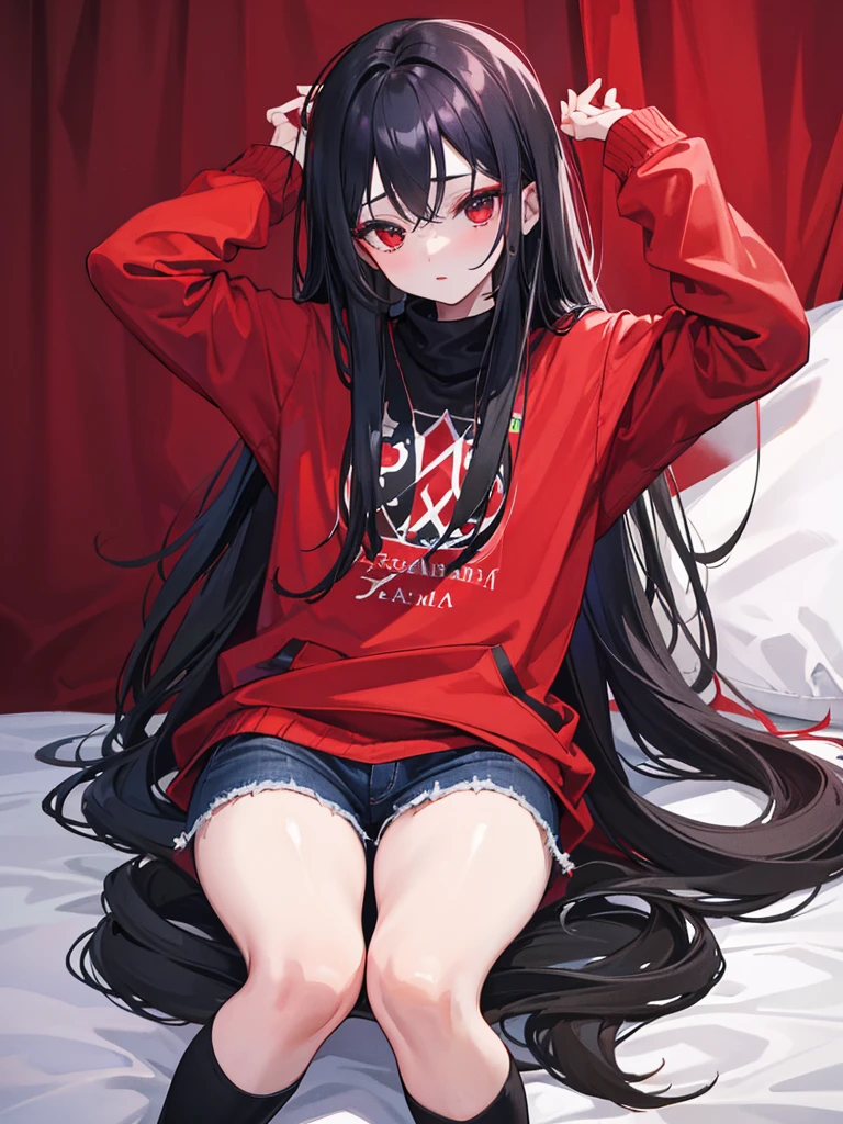 perempuan berambut hitam pendek bermata merah duduk di kursi dengan baju putih dan jaket hitam merah lipstik merah celana jeans pendek background di kota