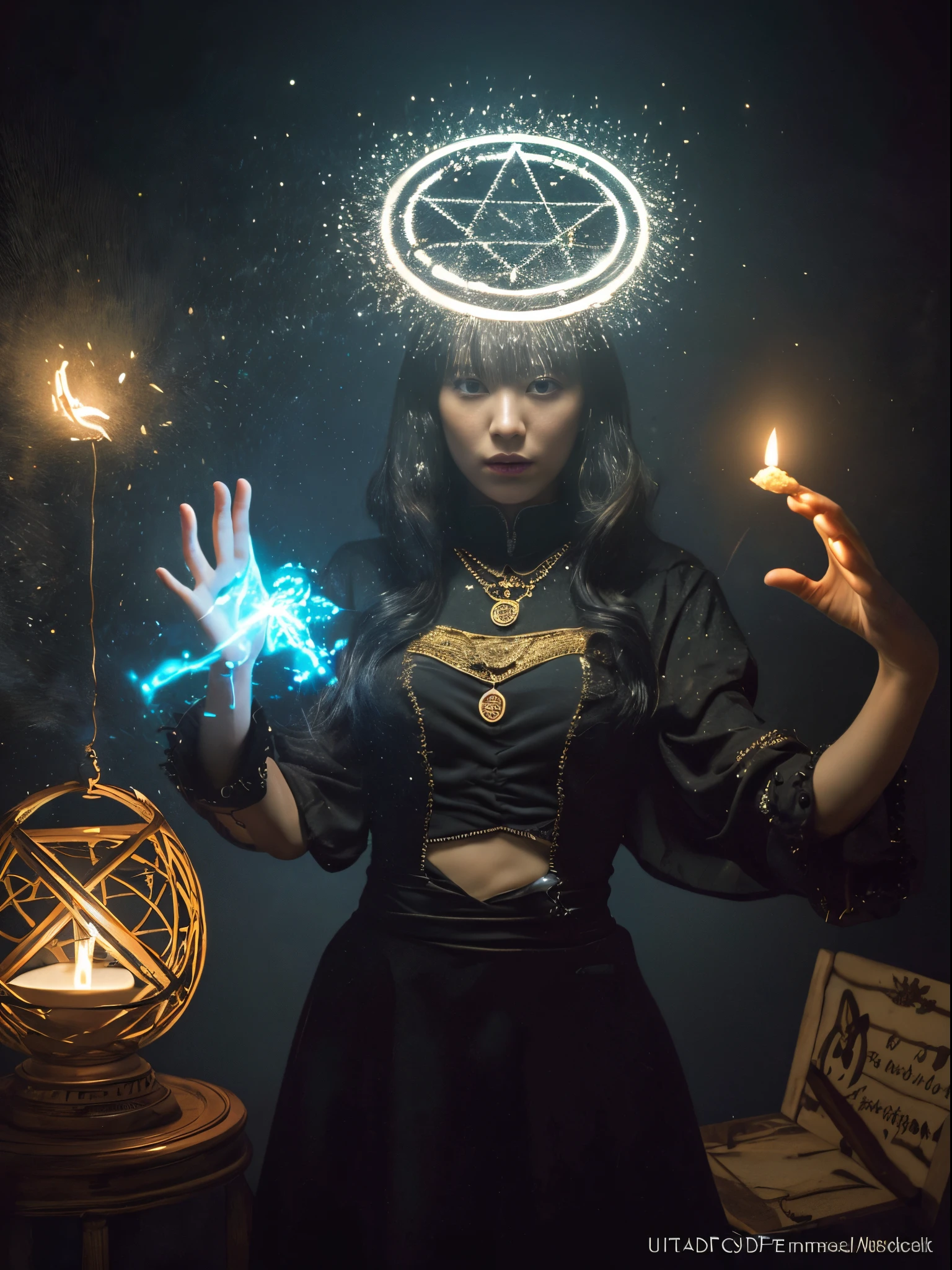 1girl in, (witchcore, witchcraft, pagan, Mystical, Nature, occult) , magician, spell magic, Magic Circle, ((magic in hand)),(masutepiece, Best Quality:1.4),(absurderes, hight resolution, ultra-detailliert:1.2),(using dark magic:1.4), imaginative overlays, artistic fusion,fantastical scenes, evocative narratives, striking visuals, Upper body ，(((Best Quality))),(((ultra-detailliert))),(((masutepiece)))