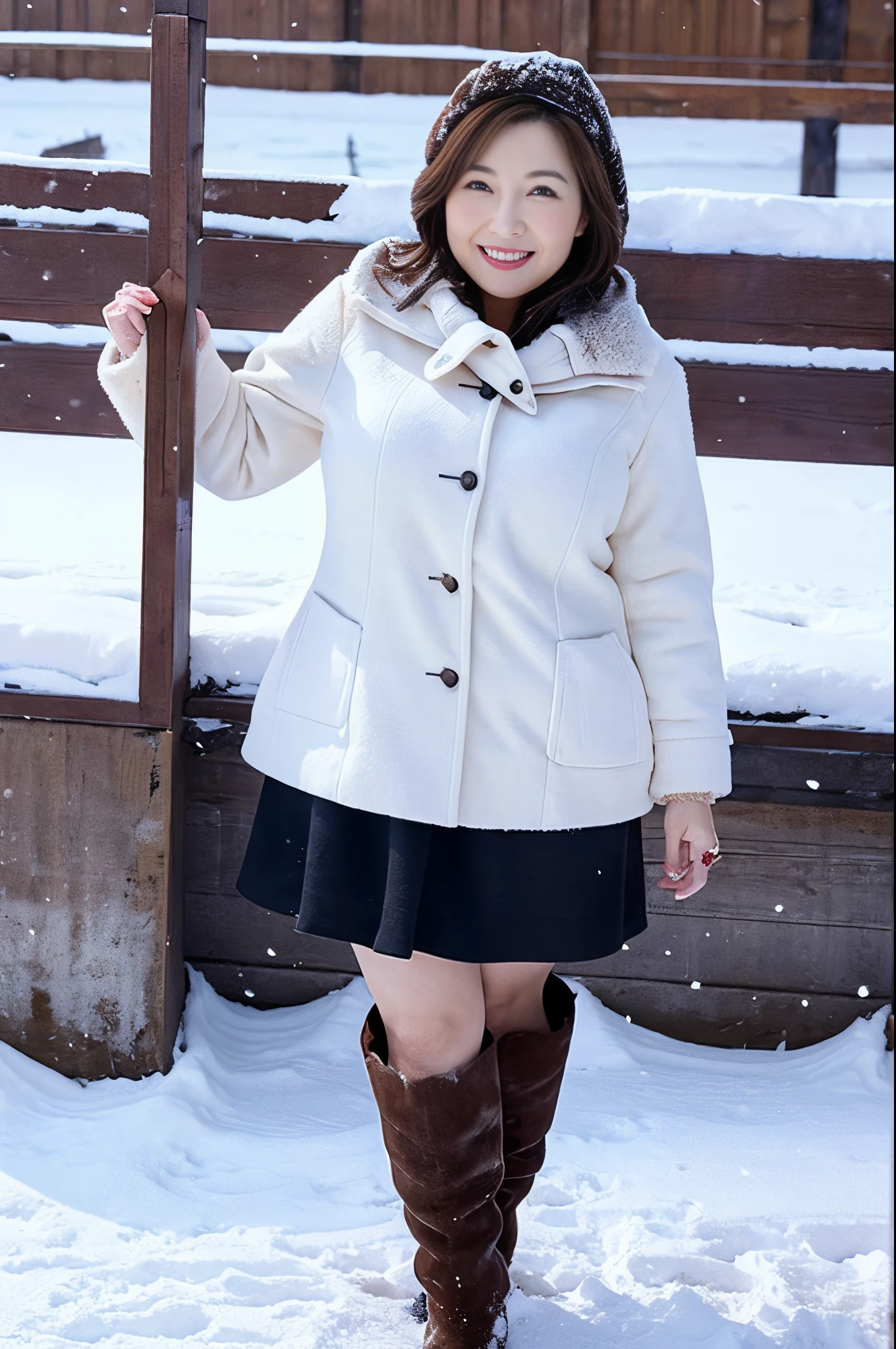 Mature and attractive woman、bbw、large boob、a miniskirt、long court、long boots、A smile、snow field、masterpiece、top-quality
