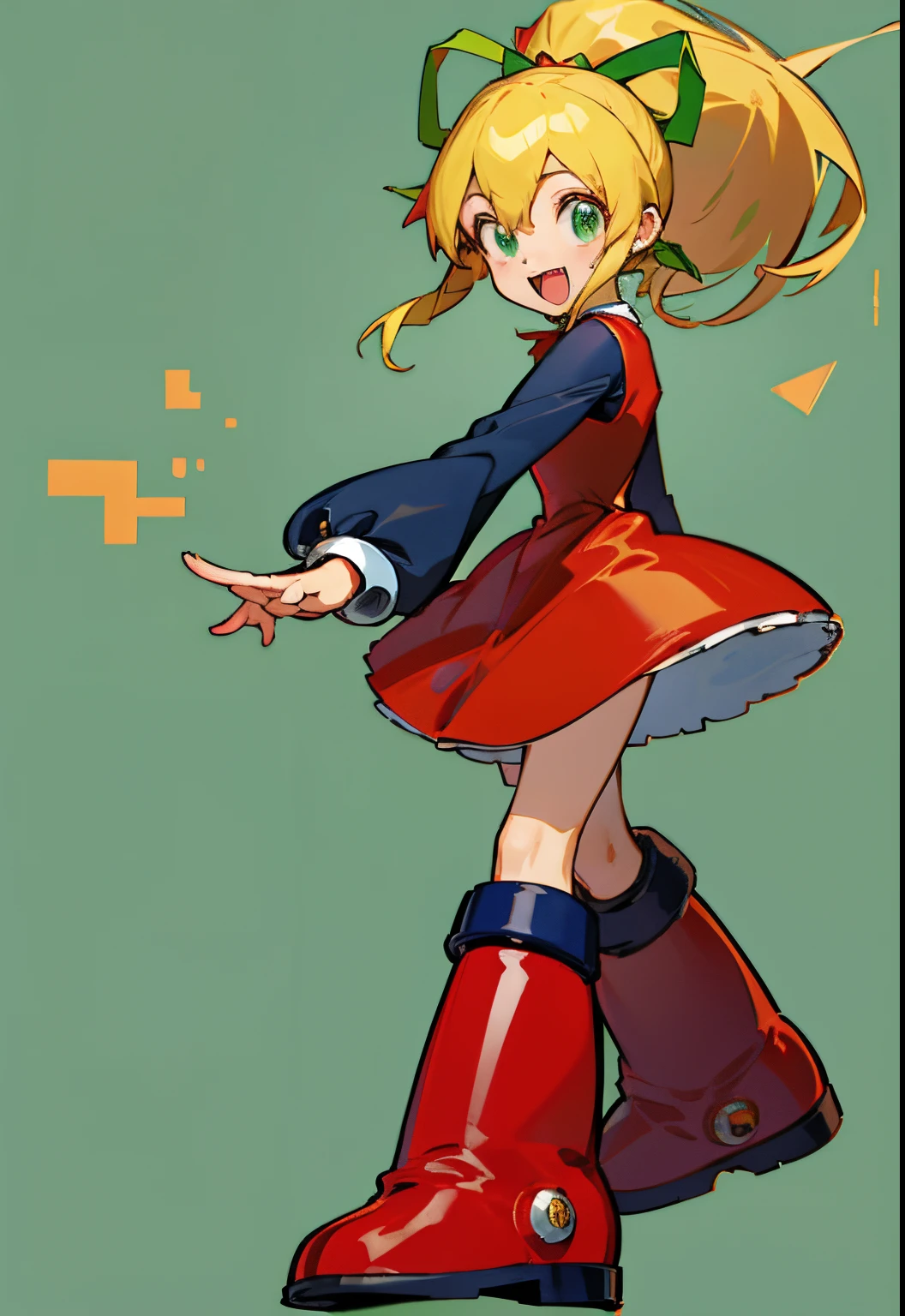 masutepiece, High quality, Mega Man Roll, 1girl in, Solo, Green eyes, Blonde hair, Ponytail, bow ribbon, Open mouth, long boots, Dress, Smile, Long hair, knee boots, Red dress, Hair Ribbon, red footwear, Long sleeves, Red skirt, :D, Green Ribbon, Looking at Viewer, side locks, Skirt, long boots, Futuristic city, Robot behind,