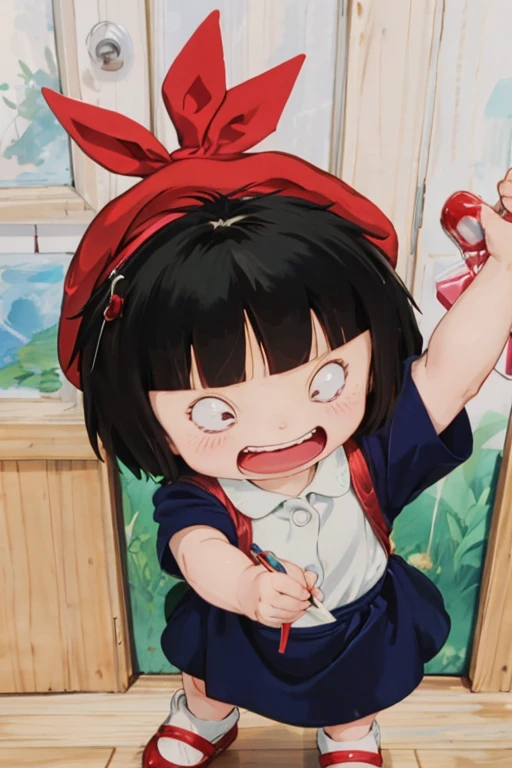 Hirame,1 sister,lookingat_show on_Peek at viewers,teeth,Like Chibi Maruko-chan，With a red hat