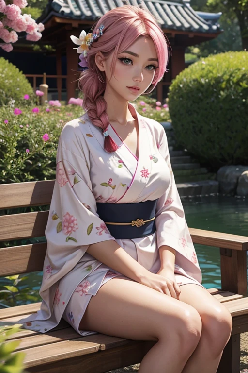Single European woman in a Japanese garden, sit on a bench, cute yukata with flower patterns, tanned skin, pink hair , long hair, braided hair, glossy lips, Eye shadow , natural make-up, , green eyes, deep Cliveage, perfect hand, perfect arms, perfect body, Second Life Avatar, Beautiful screenshot, Second Life, high quality, very detailed skin