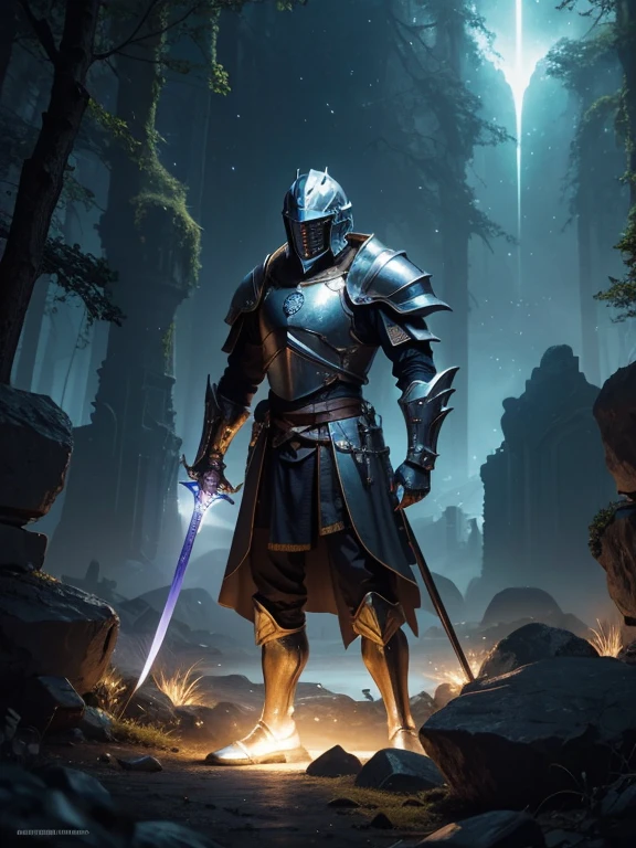 A medieval sci-fi fusion masterpiece with best quality, ultra-detailed and realistic elements. A scene filled with vivid colors, sharp focus, and professional craftsmanship depicting the fusion of medieval and futuristic elements. The main subject is a courageous knight in shining armor, holding a high-tech energy sword in one hand, while wearing a helmet with glowing visor. The knight is standing in a mystical forest surrounded by floating rocks and ancient ruins. The forest is illuminated by softly glowing bioluminescent plants that give off an otherworldly glow. In the background, towering futuristic skyscrapers rise above the forest, seamlessly blending the medieval and sci-fi aesthetics. The sky is adorned with swirling nebulae and distant galaxies, creating a sense of wonder and awe. The whole scene is bathed in warm, golden hues, accentuating the magical atmosphere.