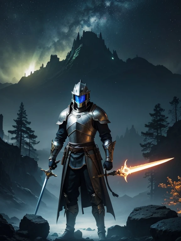 A medieval sci-fi fusion masterpiece with best quality, ultra-detailed and realistic elements. A scene filled with vivid colors, sharp focus, and professional craftsmanship depicting the fusion of medieval and futuristic elements. The main subject is a courageous knight in shining armor, holding a high-tech energy sword in one hand, while wearing a helmet with glowing visor. The knight is standing in a mystical forest surrounded by floating rocks and ancient ruins. The forest is illuminated by softly glowing bioluminescent plants that give off an otherworldly glow. In the background, towering futuristic skyscrapers rise above the forest, seamlessly blending the medieval and sci-fi aesthetics. The sky is adorned with swirling nebulae and distant galaxies, creating a sense of wonder and awe. The whole scene is bathed in warm, golden hues, accentuating the magical atmosphere.