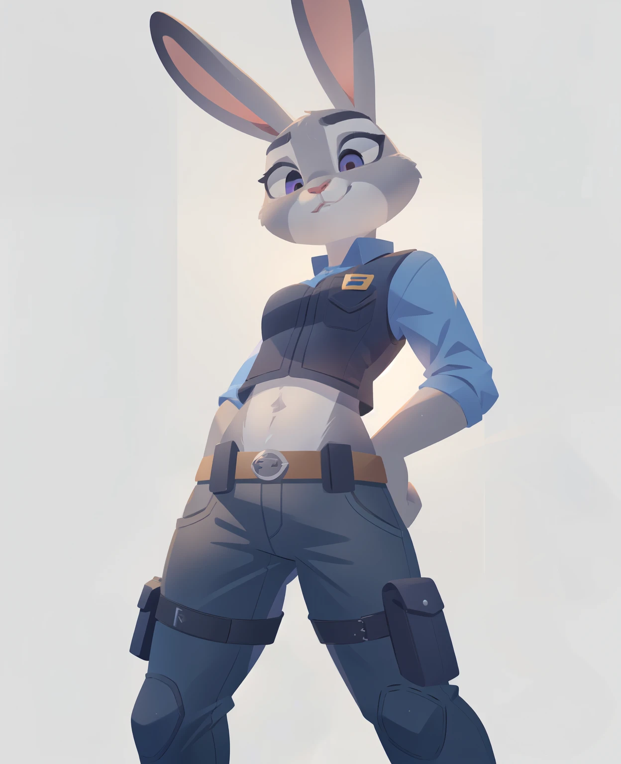 ( anthro, female, (judy hopps), rabbit, ears, zoom, (plain light grey background), eyelashes, sexy pose, (2d:0.9), 4k, 8k, detailed, high res, absurd res, [police uniform, blue shirt, black vest, black utility belt, grey pants], tall, mature ) ( anthro, male, (nick wild) )