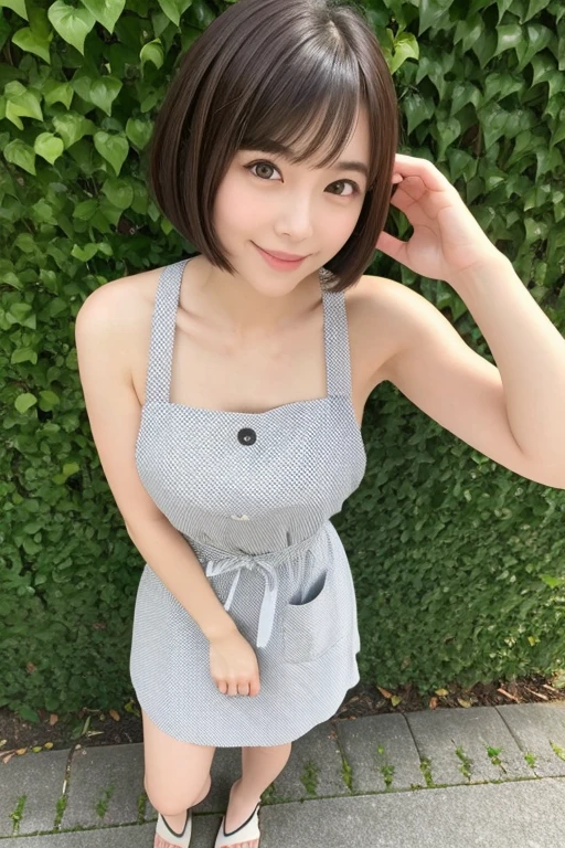 Beautiful Japan Woman,thin beauty,fully body photo,Full body nudity,fullnude,frontage,full body photo,Standing,Head-to-toe photo,frontal photos,Looking at the camera, Small,smallunderboob,tiny chest,Small,hands down,big breasts thin waist,elongated facial contour,a smile,Looking at the camera,Round chin,frontal face,Beautiful eyes,Slender eyes,Gray eyes,short hair with invisible ears,Bob cut hair,a little brown hair,white polka dot apron,Green Wall,Full screen onidokoro leaf wall,White sandals,Rest your feet