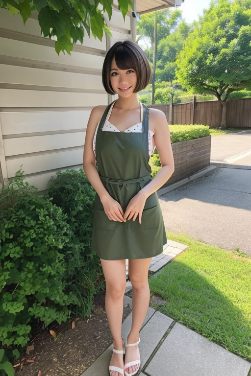 Beautiful Japan Woman,thin beauty,fully body photo,Full body nudity,fullnude,frontage,full body photo,Standing,Head-to-toe photo,frontal photos,Looking at the camera, Small,smallunderboob,tiny chest,Small,hands down,big breasts thin waist,elongated facial contour,a smile,Looking at the camera,Round chin,frontal face,Beautiful eyes,Slender eyes,Gray eyes,short hair with invisible ears,Bob cut hair,a little brown hair,white polka dot apron,Green Wall,Full screen onidokoro leaf wall,White sandals,Rest your feet
