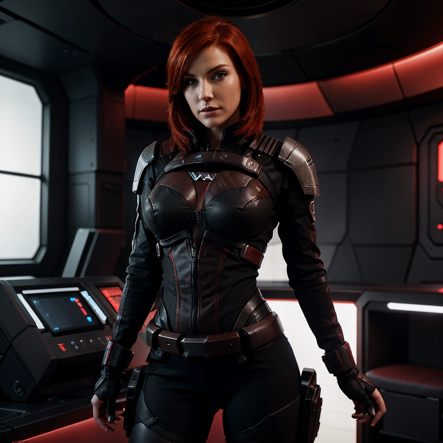 Red head femshep, mass effect, sexy pose, scifi background