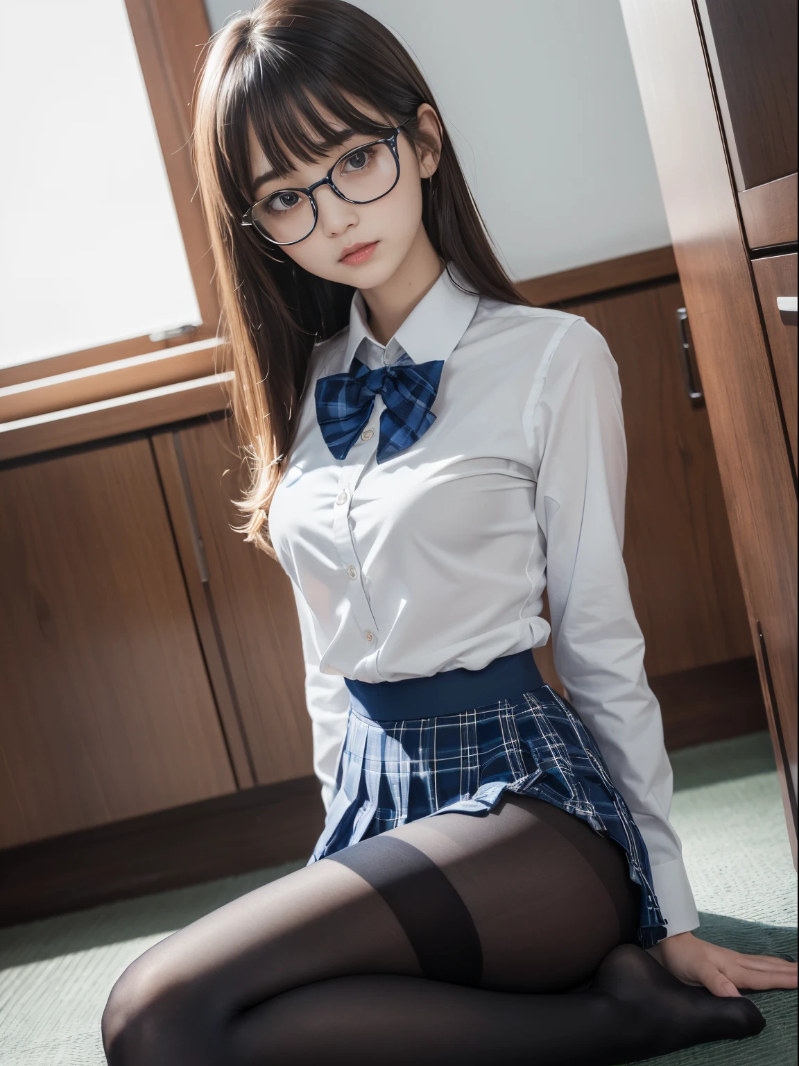 (itting open legs)、(I see underwear)、((Narrow-eyed))、((Narrow-eyed))、((Narrow-eyed))、(8K、Raw photography、top-quality、masterpiece:1.2),、Has a small、(flat breast)、(flat breast)、(flat breast)、(flat breast)、(flat breast)、(being thin)、light skinned、skin whitening、Dark look、Rasping,glamor,Chromo-white skin,cocky,School,watching at viewers,Looking at the front,Muchimuchi,High-pitched clothing,Erotic,Pupils,de pele branca,kne,((Black pantyhose)),absurderes,a small face,,Forehead visible,Bangs hanging from the left and right sides of the forehead,(a cold expression,Tight eyes,glares,Bullish,irate)、masterpiece,top-quality、超A high resolution,Raw photo,ren,Beautiful fece,One Person, 独奏,eye glass,,Dark look,Small breasts,fullllbody,Round glasses,JK school uniform,hi-school girl,A Japanese Lady, (Photorealsitic:1.37)、Photon mapping,Realistic、Beautie,Cute little face,Brown-eyed、Black socks、(Red bow tie)、Radio City、Physically Based Rendering、depth of field rally background、a picture,Body,beauty legs, Long legs, Thin leg,(Bangs are visible), hair, s lips, Blue_The eye, nosesoft,(Light blue shirt), (Navy and blue and white plaid pleated skirt), Knees are visible,Sheer clothing,, Thigh, Black cotton socks,Nogizaka Idol, , Japanese ido