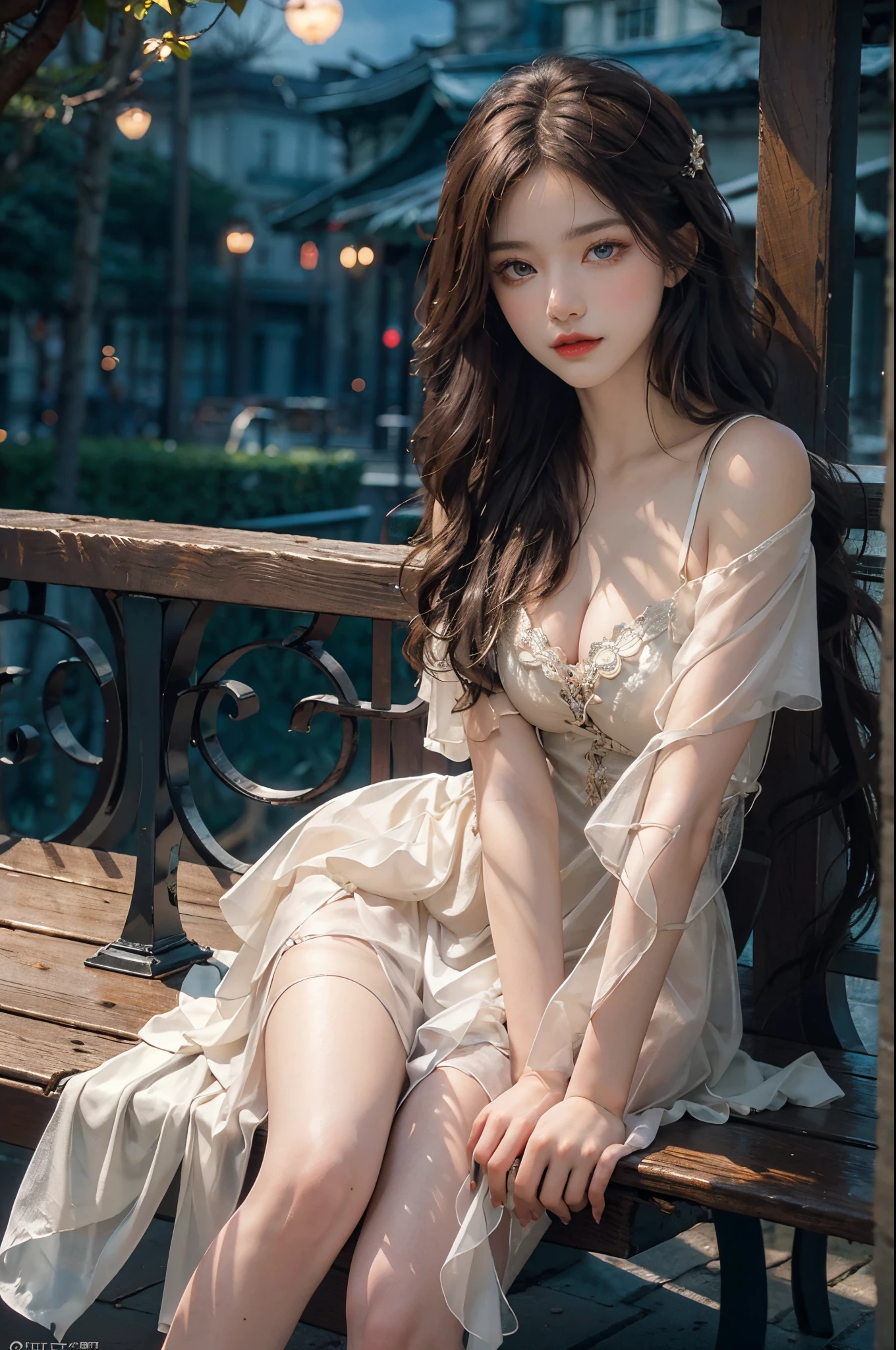 Romantic Rosette dress2, dark theme,  red lips, mature female, makeup, Big eyes, Pretty eyes, ((full body)), ((Random shooting angles)), (best quality, masterpiece:1.2), ultra-detailed, (realistic:1.37), beautiful, youthful, glamorous model with (detailed eyes, detailed lips, extremely detailed eyes), with white and floral colors, showcasing a radiant smile, creating a breathtaking depiction of a girl, Warm tones, extremely high color saturation, official art,   extremely detailed CG unified 8k wallpaper,(High dynamic range :1.4), (cinematic),(soft colors,  dull colors,  soothing tones :1.3), (natural skin texture, ultra-realistic, soft light, sharp),(very detailed), Night, moonlight, In an antique pavilion, sit on a bench against the guardrail