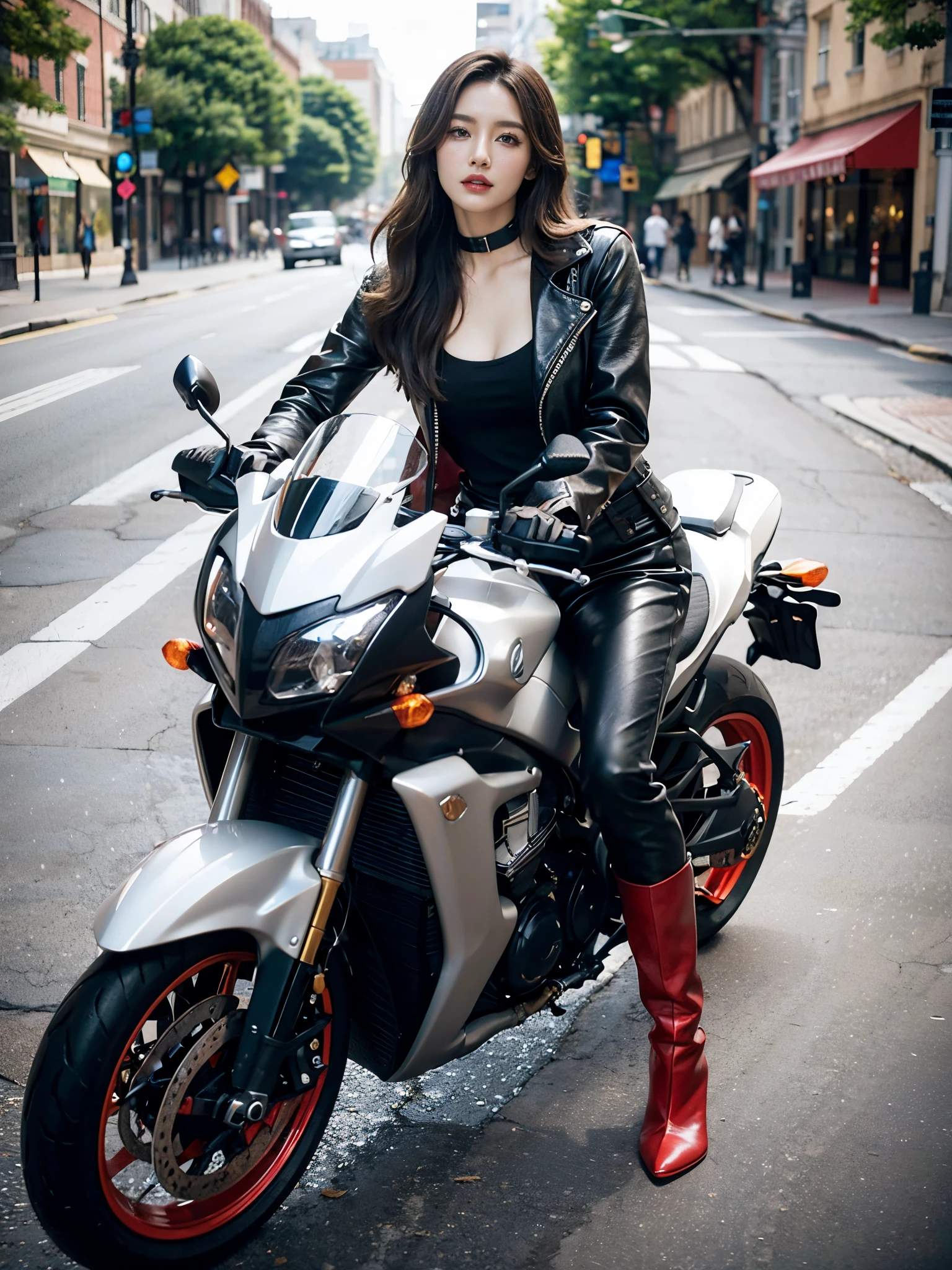 solo person，独奏，elongated face，Tall nose，largeeyes，二重まぶた，Light-colored eyeshadow，Redlip，Long hair shawl，mature pretty woman，Slim figure，Leather glove，Leather boots，Stand up，outside，the street，the old motorcycle，Look to the lens，hyper qualit，4K，Photo level，True skin texture，naked