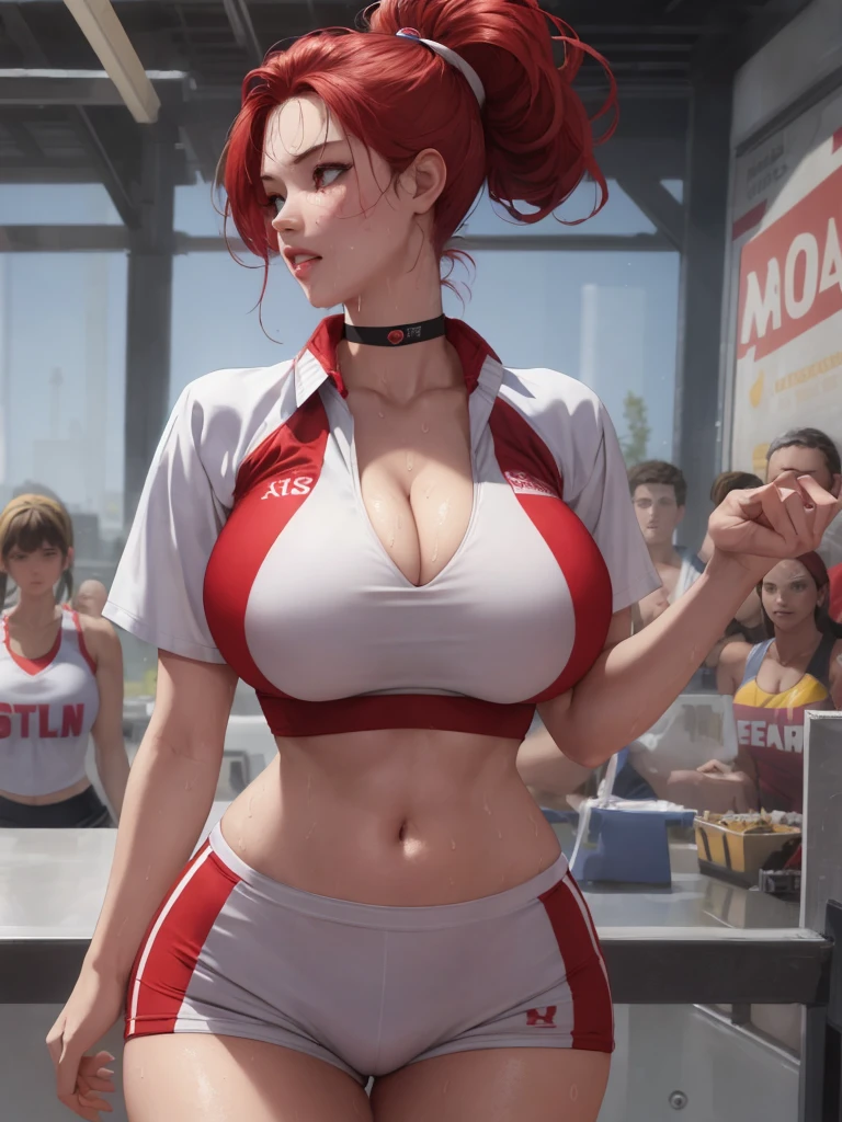 masterpiece:1.2, best quality), realistic, (real picture, intricate details, depth of field), (1girl, solo), make up, parted lips, highly-detailed, perfect face,
(????????????:1.4), (skin dentation), thick thighs, wide ????, small waist, tall, glossy coral lips, untied red hairs, red eyes, (A girl playing volleyball, white volleyball uniform, crop top, showing stomach, low cut shirt, showing cleavage, no sleeves, choker, stockings), (sweating:1.2), (wet), ????, blushing, looking at the viewer, in (gymnasium background) show thighs, holding volleyball